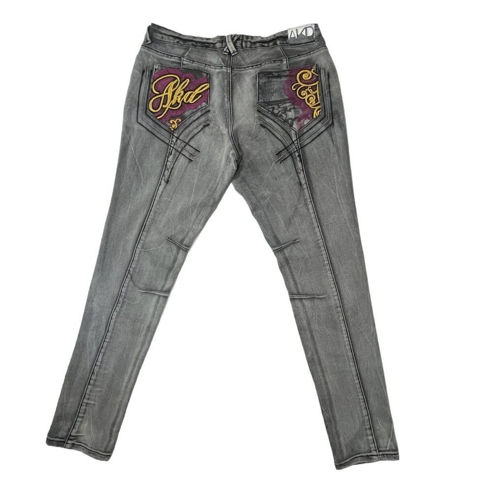 AKADEMIKS Black Wash Distressed Skinny Jeans Size 7 Low-Rise Embroidered Hip-Hop